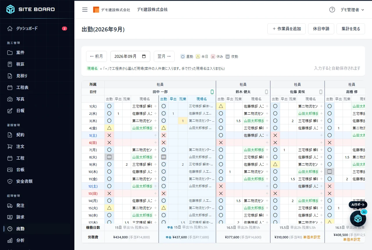 作業員の申告と出勤表を見比べる画面