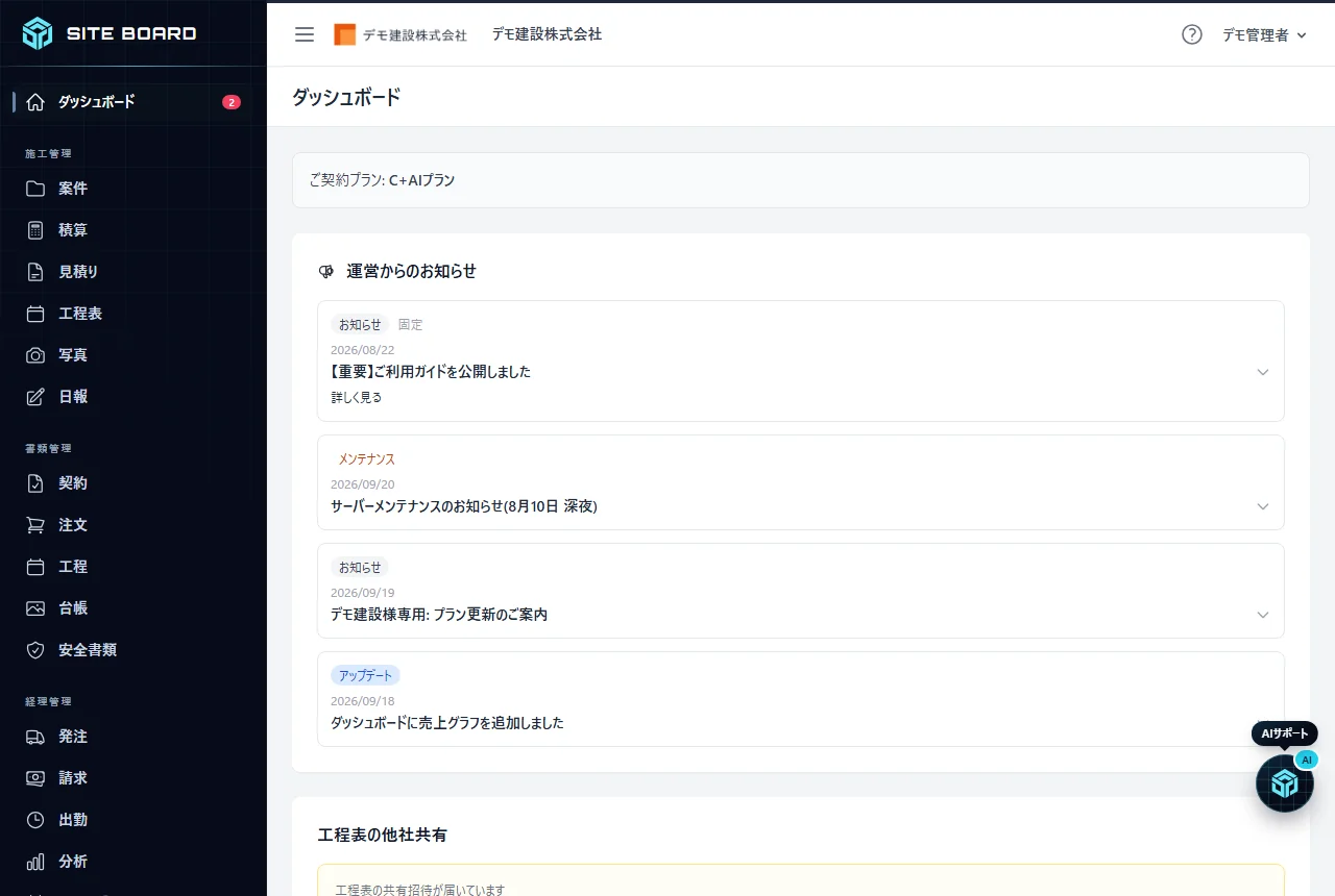 SITE BOARD のダッシュボード(お知らせ・売上の推移・期限の通知)